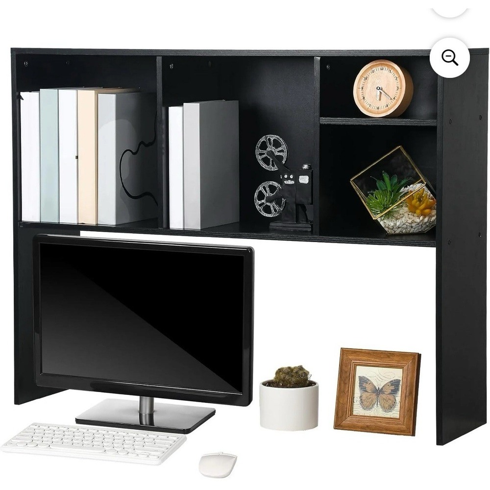 Wood Desktop Bookshelf Hutch, 5 Compartments, 3-Tiers, 37 x‎ 9.5 x 28.7 In Black